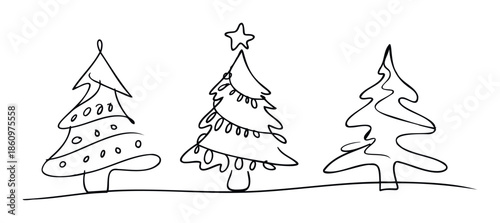 Simple continuous line drawn Christmas trees with minimal decorations and a star, ideal for festive season greeting publications, winter event flyers, and seasonal advertising campaigns.