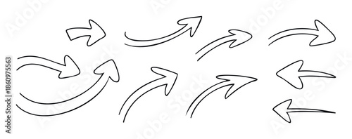 Hand drawn directional arrows in a doodle outline style for navigation, instruction, or emphasizing content in presentations, web graphics, and educational materials.