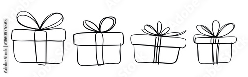 Hand drawn black outline gift boxes with ribbon bows for various celebrations and festive occasions, ideal for holiday greeting cards and event invitations.