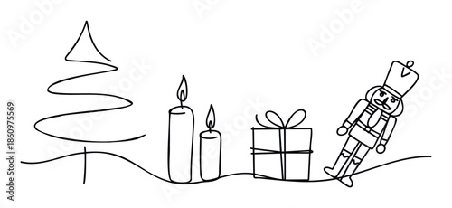Simple continuous line drawing of Christmas holiday elements like a tree, burning candles, a gift, and a nutcracker toy, ideal for seasonal greetings or winter event promotions.