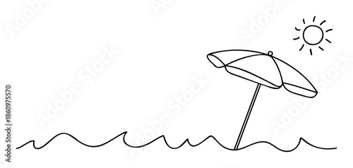 A minimalist black outline drawing depicting a sunny beach scene with a parasol and ocean waves, ideal for summer holiday advertisements, travel blogs, or simple graphic projects.