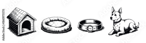 Vintage engraving style depiction of dog essentials including a dog house, cozy bed, classic collar, and a resting canine, perfect for pet care branding and animalthemed marketing materials