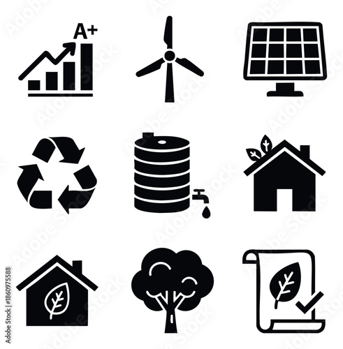 Essential collection of sustainability icons depicting renewable energy, waste recycling, water conservation, green building, environmental performance, and ecological policy for modern
