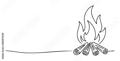 Continuous line drawing of a vibrant burning campfire with logs and licking flames, perfect for outdoor adventure promotions or cozy evening activity advertisements