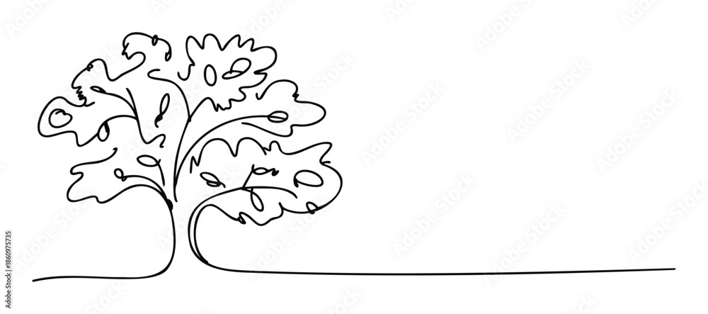 Obraz premium A flowing continuous line drawing depicts a stylized tree with abstract human face shapes in its foliage, conveying growth and connection, suitable for personal development, nature, or