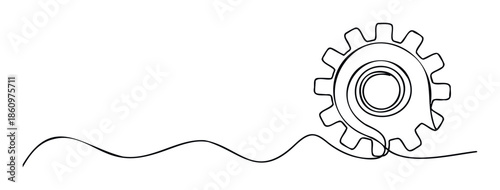 Continuous line drawing of a simple cogwheel depicting concepts of connection, teamwork, progress, and engineering, ideal for business presentations or technological communication.