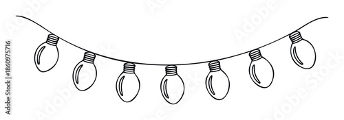 A hand drawn string of seven traditional light bulbs creating a festive decorative garland, ideal for holiday celebration projects, party invitations, and seasonal marketing campaigns.