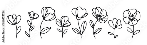 Elegant minimalist line drawing flowers arranged in a row perfect for modern botanical decoration, wedding invitations, branding, and spring or summer graphic design projects
