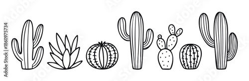 Black outline various cacti and succulent desert plants featuring a minimalist botanical theme suitable for modern decoration, home decor, and craft projects.