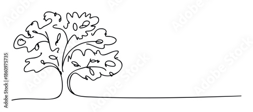 A flowing continuous line drawing depicts a stylized tree with abstract human face shapes in its foliage, conveying growth and connection, suitable for personal development, nature, or