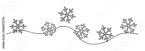 Simple line drawing of snowflakes connected by a wavy continuous line representing winter beauty and cold season perfect for holiday greetings and seasonal event decorations.