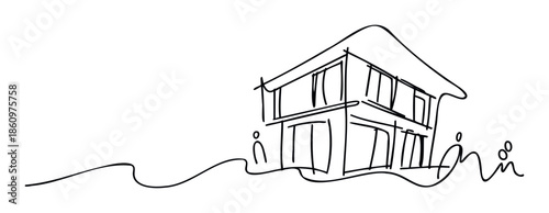 Minimalist continuous line drawing of a modern house with abstract people figures on a wavy landscape, perfect for real estate, architecture concepts, or housing development promotions.