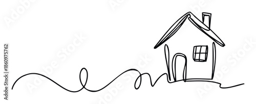Hand drawn single line sketch of a charming home building with a connecting continuous path, excellent for illustrating concepts of belonging, property, and welcoming new residents.
