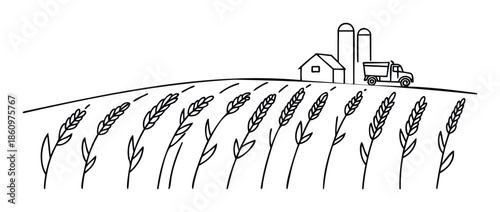 Rural farming landscape depicting a field of grain crops, a farm building, silos, and a truck, ideal for agriculturerelated projects, food industry marketing, and educational resources.