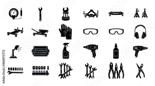 Essential garage tool and equipment icons featuring various mechanical instruments and safety gear for automotive repair shops, car service centers, and DIY mechanic projects