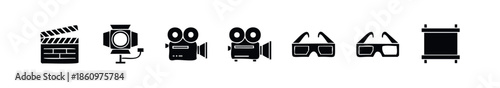 Essential filmmaking and cinema equipment icons featuring clapperboard, spotlight, movie cameras, 3D glasses, and film screen for media production visuals and entertainment industry needs