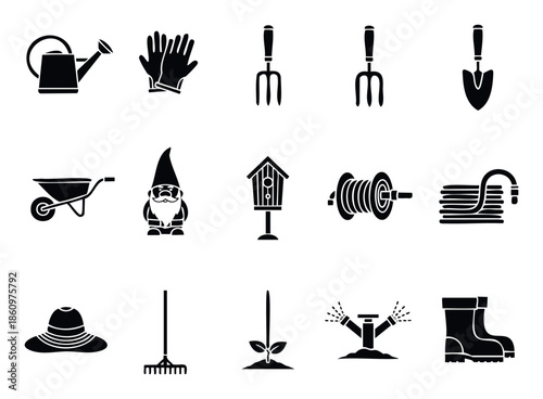 A practical set of black silhouette gardening tools and accessories, ideal for horticultural projects, outdoor leisure applications, and educational content related to planting and garden