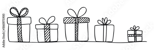 Hand drawn outline gift boxes in a row perfect for holiday decoration, special occasion celebration, party invitation, or seasonal greeting promotions.
