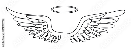 Simple line artwork depicting a pair of ethereal angel wings positioned beneath a delicate halo, suitable for creating serene spiritual decorations or symbolic graphic imagery.