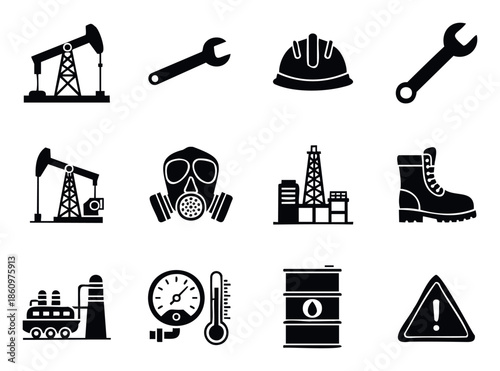 Industrial safety and oil production vector icons including pumpjacks, hard hats, wrenches, gas masks, factories, and warning signs for energy related visuals.