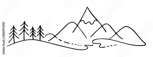 Simple black and white outline drawing of an outdoor mountain landscape featuring majestic peaks, evergreen trees, and a winding river for various graphic applications and branding projects.