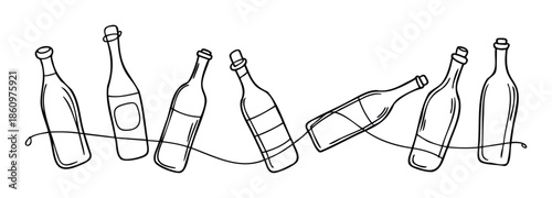 Hand drawn black line style beverage bottles connected by a continuous thread creating a unique border graphic for packaging, menus, or promotional material applications.