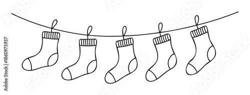 Simple line drawing of five Christmas stockings hanging on a rope, perfect for holiday greetings, winter celebrations, or festive seasonal decoration projects.