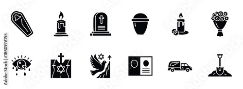 Comprehensive collection of funeral, mourning, and remembrance glyph icons depicting various grief, burial, and memorial service elements for related design projects.