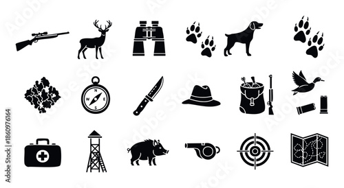 A diverse collection of hunting and outdoor adventure icons including rifle, deer, binoculars, dog, compass, knife, and hat, ideal for various graphic design and multimedia applications.