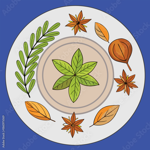 Botanical Plate Design with Leaf Star, Autumn Accents, Star Anise Motif, Beige Rim, Symmetrical Nature Art, Decorative Tableware
