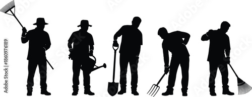 Silhouettes of five workers performing gardening tasks with rake, shovel, watering can, and pitchfork on gray background
