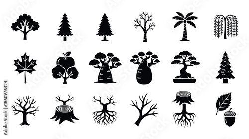 A comprehensive set of diverse tree species and natural elements showcasing various forest and plant life forms for ecological and environmental graphic design needs.