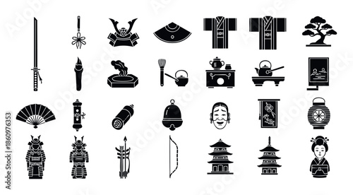 Japanese culture traditional items icon set for Asian themed graphic projects web interfaces and educational materials representing historical symbols and everyday life