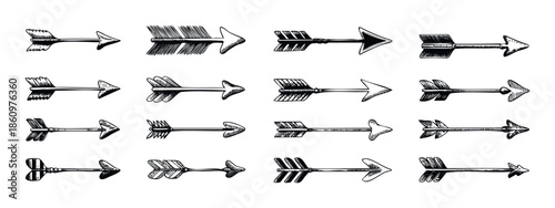 Selection of hand drawn arrows featuring diverse fletching and arrowhead styles in a graphic sketch, useful for showing direction, movement, or accenting rustic and tribalthemed projects.
