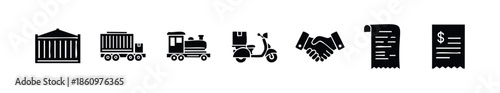 Comprehensive collection of business and logistics icons representing global trade, transportation, financial transactions, and commercial agreements for various industry applications