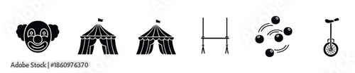Circus show equipment and character elements vector icon set for entertainment event planning branding and carnival festival themed graphic communication and promotional needs