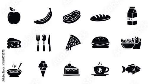 Versatile set of simple silhouette food and beverage icons depicting everyday meals and snacks, perfect for menu design, dietary tracking applications, or culinary themed projects