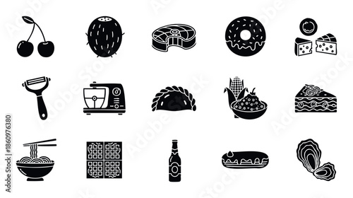 A comprehensive collection of kitchen staples, delicious meals, sweet desserts, and refreshing drinks perfect for culinary blogs, restaurant menus, or grocery store promotions