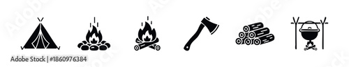 A useful collection of essential outdoor camping activity icons featuring a tent, campfires, an axe, firewood, and a cooking pot, perfect for conveying adventure and wilderness themes