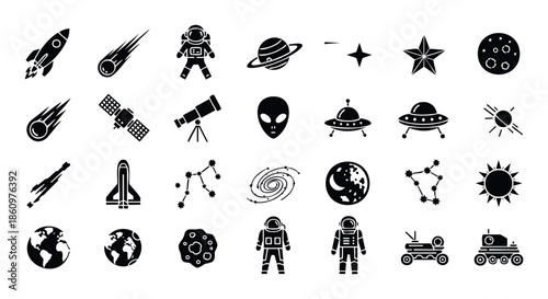Comprehensive collection of flat space and astronomy icons perfect for educational materials, scientific presentations, or modern digital interface designs