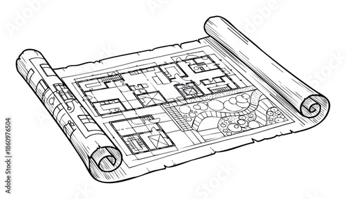 Architectural blueprint drawing showing a detailed house floor plan with rooms and an exterior garden layout, perfect for construction, real estate, and home improvement industry use.