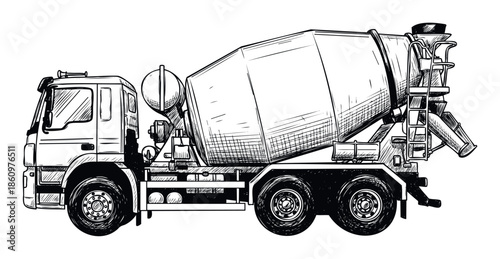 Detailed black and white sketch of a robust concrete mixer truck, perfect for construction industry publications or engineering project presentations