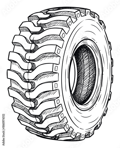 Black and white sketchy outline of a robust heavy duty off road vehicle tire for automotive, construction, farming, or transport industry graphic design projects