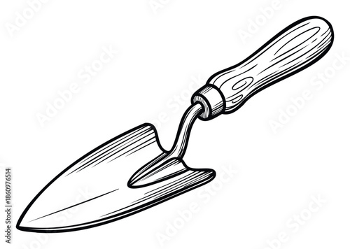 Classic black and white engraved garden trowel perfect for horticultural projects, agricultural themes, landscaping inspiration, and home garden guides