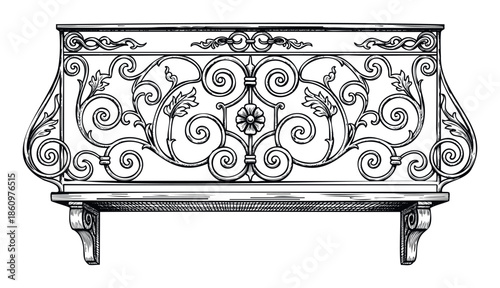 Decorative forged metal balcony railing with ornate scrollwork and floral motifs, a classic architectural element for historic building restorations and elegant exterior decor projects.