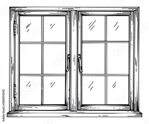 Traditional timber window with divided light panes and simple hardware, useful for construction, residential building, home decor, historical restoration, and design projects.
