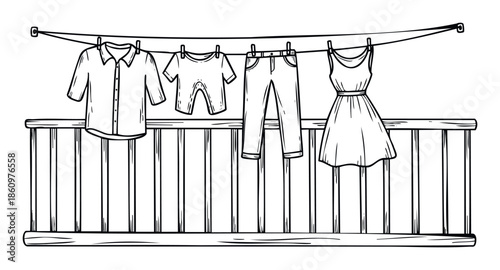 Hand drawn style illustration showing fresh laundry including a shirt, tshirt, jeans, and a dress drying on an outdoor clothesline above a balcony railing, ideal for domestic scenes or