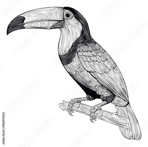 Detailed black and white line art depicting an exotic toucan bird with a large beak perched on a branch, perfect for naturethemed graphic projects, educational materials, or decorative