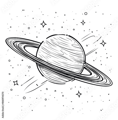 Hand drawn outline of the planet Saturn with its iconic rings amidst a starry cosmos, ideal for educational materials, science publications, or childrens spacethemed activities.