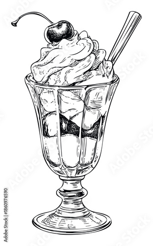 Classic handdrawn ice cream sundae with whipped cream and a cherry in a tall glass, perfect for food blogs, restaurant menus, or sweet treat promotions